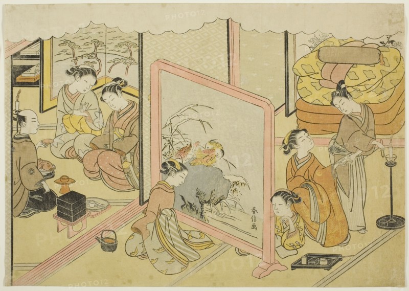 A Cup of Sake before Bed (Toko sakazuki), the sixth sheet of the series "Marriage in..., c. 1769. Creator: Suzuki Harunobu.