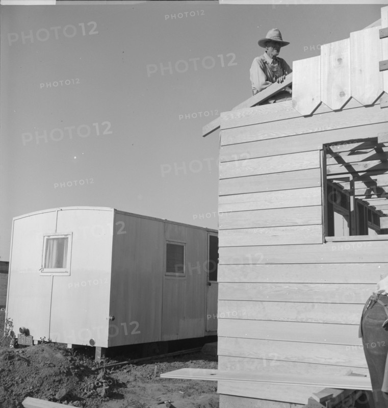 Father and son, recent migrants to California, building house, Salinas, California, 1939. Creator: Dorothea Lange.