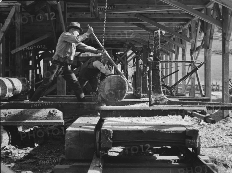 Possibly: The sawmill in operation, Ola self-help sawmill co-op, Gem County, Idaho, 1939. Creator: Dorothea Lange.