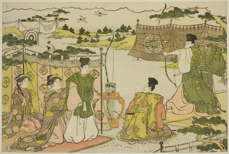 The First Archery Practice of the New Year (Yumi hajime), from the illustrated book..., c. 1787. Creator: Torii Kiyonaga.
