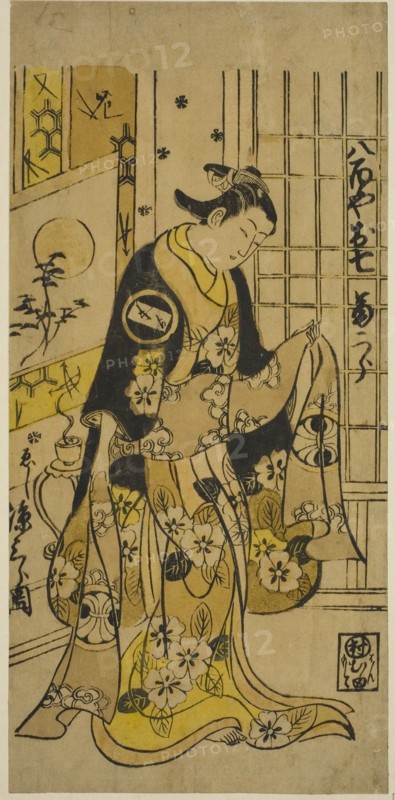 The Actor Segawa Kikujiro I as Oshichi in the play "Shochikubai Kongen Soga," performed..., 1732. Creator: Nishimura Shigenobu.
