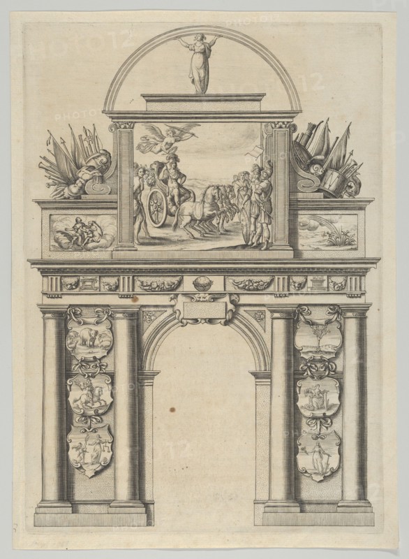 Triumphal arch, from 'Éloges et discours sur la triomphante réception du Roy en sa ville d..., 1629. Creator: Melchior Tavernier.