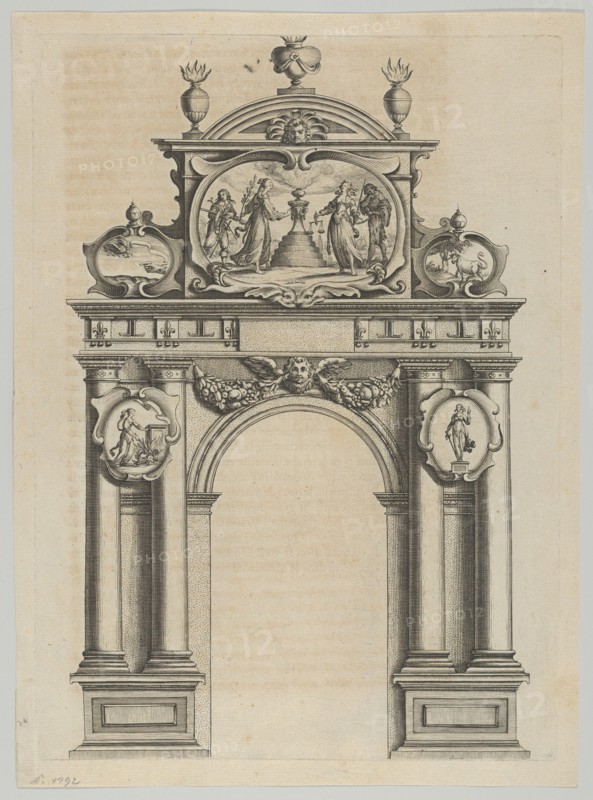 Triumphal arch, from 'Éloges et discours sur la triomphante réception du Roy en sa ville d..., 1629. Creator: Melchior Tavernier.
