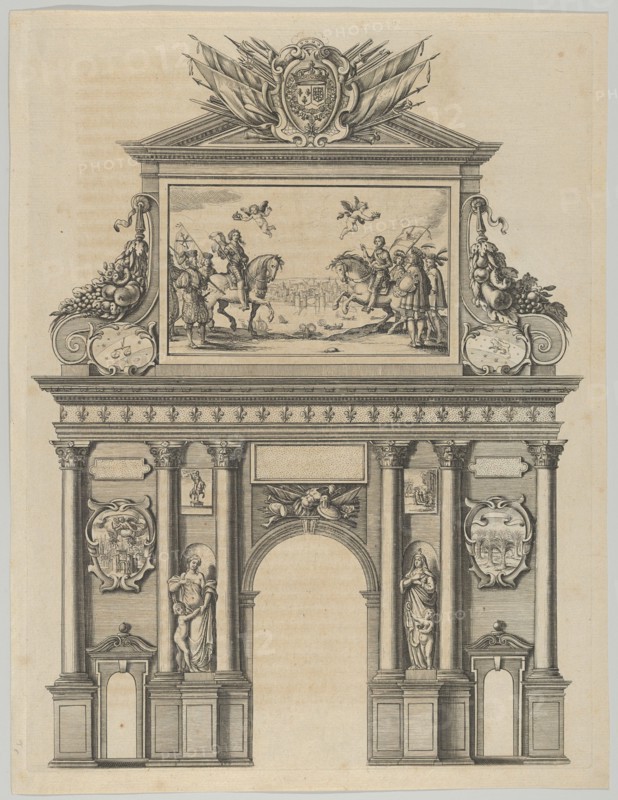 Triumphal arch, from 'Éloges et discours sur la triomphante réception du Roy en sa ville d..., 1629. Creator: Melchior Tavernier.