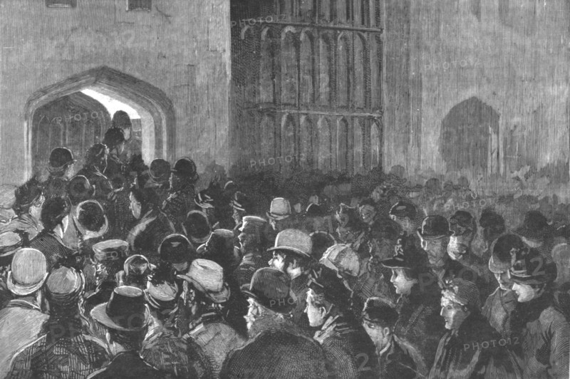 ''Distributing the Queen's New Year Gifts at Windsor; The crowd outside the Riding School...', 1890. Creator: Unknown.