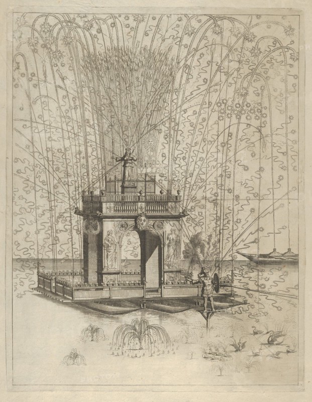 Fireworks display with triumphal arch supported by three pontoons on the water, de..., 17th century. Creator: Anon.