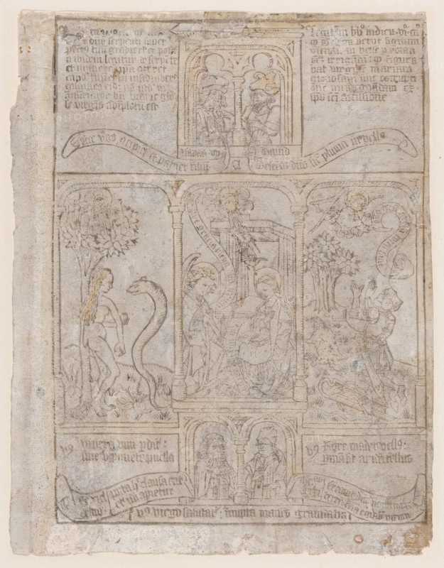 The Annunciation, flanked by Eve and the Serpent and Gideon's Fleece, from a Biblia Pa..., ca. 1465. Creator: Anon.