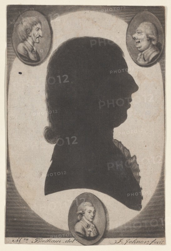 Edward Beetham, bust in profile to right in an oval, with two caricature heads, 1770-1818. Creator: Isaak Jehner.