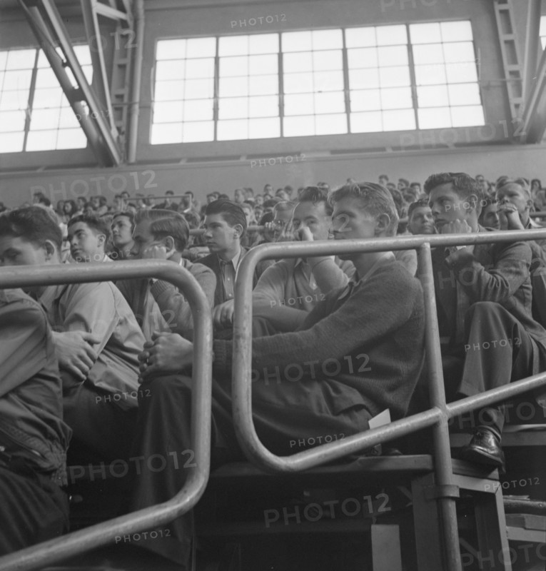Student audience listening to Peace Day address of General Smedley Butler, Berkeley, CA, 1939. Creator: Dorothea Lange.