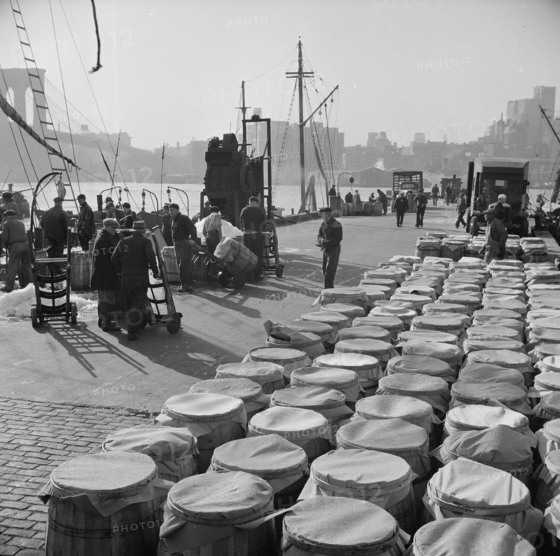 Barrels of fish caught off the New England coast waiting to be shipped to..., New York, 1943. Creator: Gordon Parks.
