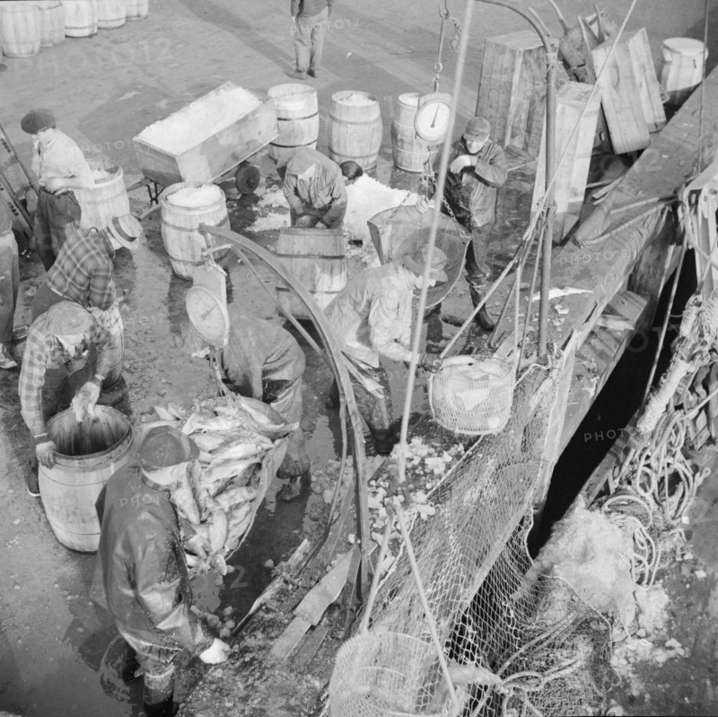 Stevedores at the Fulton fish market unloading fish from boats caught..., New York, 1943. Creator: Gordon Parks.