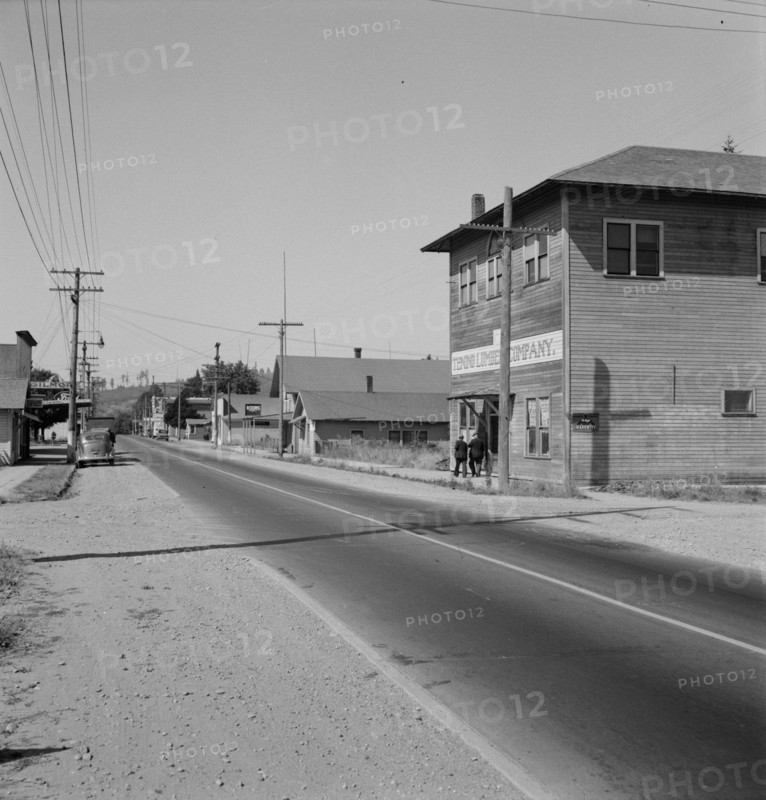 Entering main street from the north, Tenino, Thurston County, Western Washington, 1939. Creator: Dorothea Lange.
