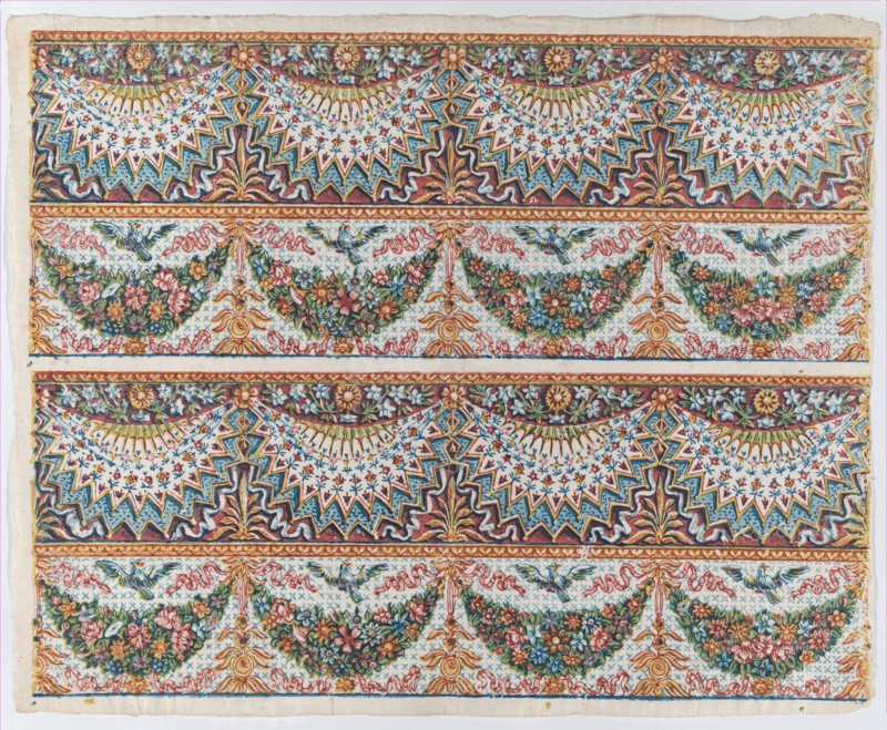 Sheet with a two borders with four hanging draperies,multicolor fest..., late 18th-mid-19th century. Creator: Anon.