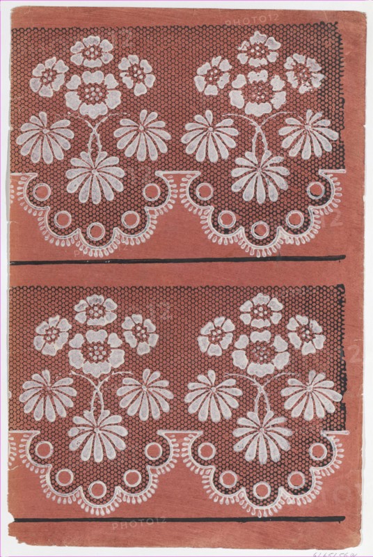 Red sheet with two borders with a white floral pattern atop a black ..., late 18th-mid-19th century. Creator: Anon.