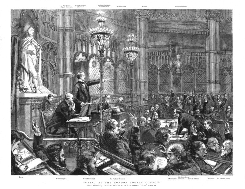 ''Voting at the London County Council; Lord Roseberry counting the show of hands...', 1890. Creator: Unknown.