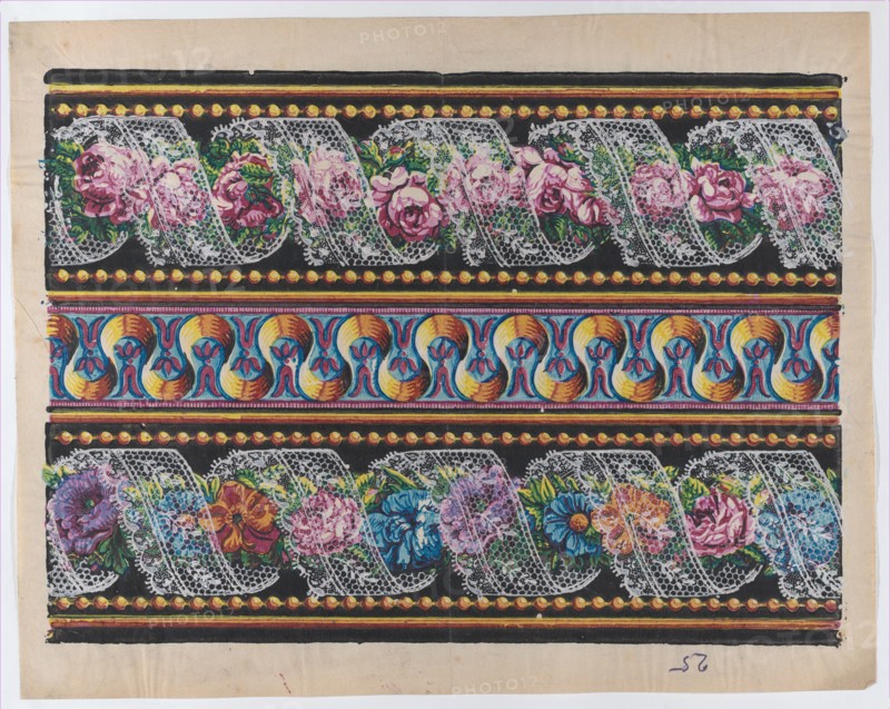 Sheet with a border with floral garlands and lace on a black backgro..., late 18th-mid-19th century. Creator: Anon.