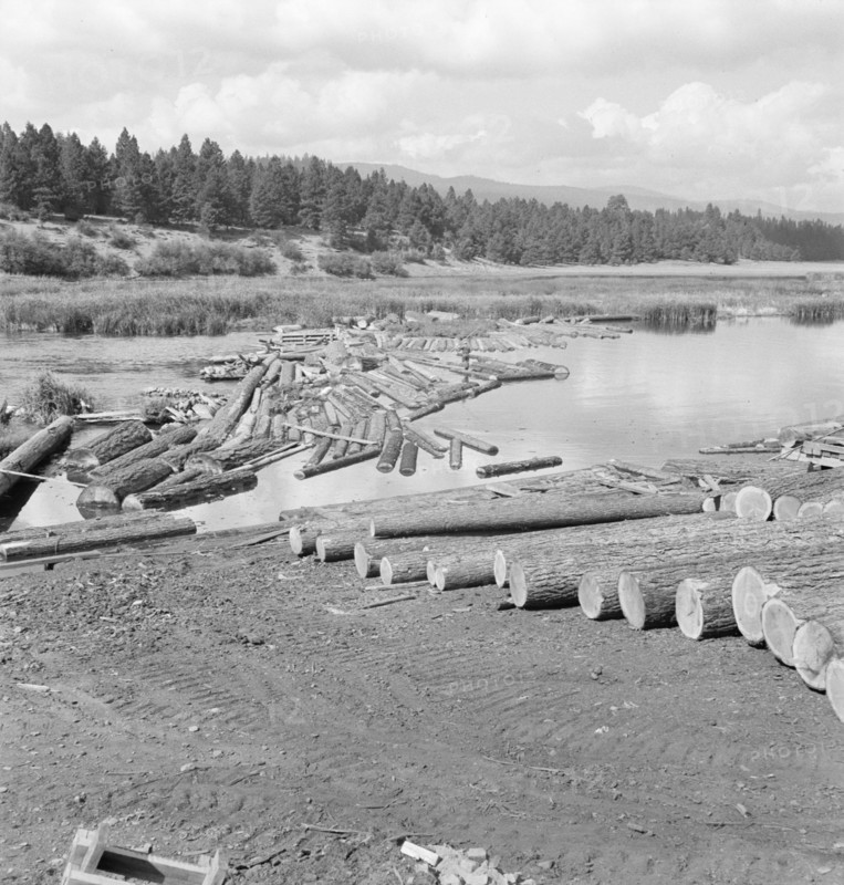 Mill pond. Klamath River beyond. Log rafts and log chute to the mill. Keno, Klamath County, Oregon.