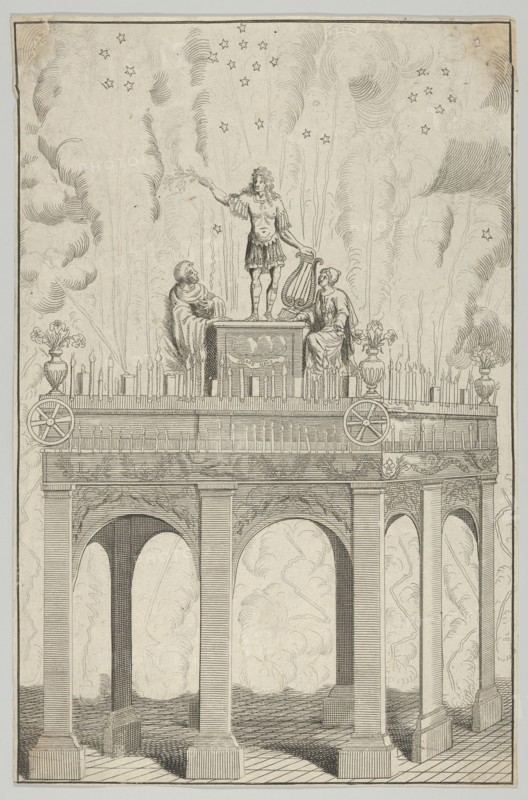 Triumphal arch with sculpture of Louis XIV as Apollo and fireworks in the background, 17th century.