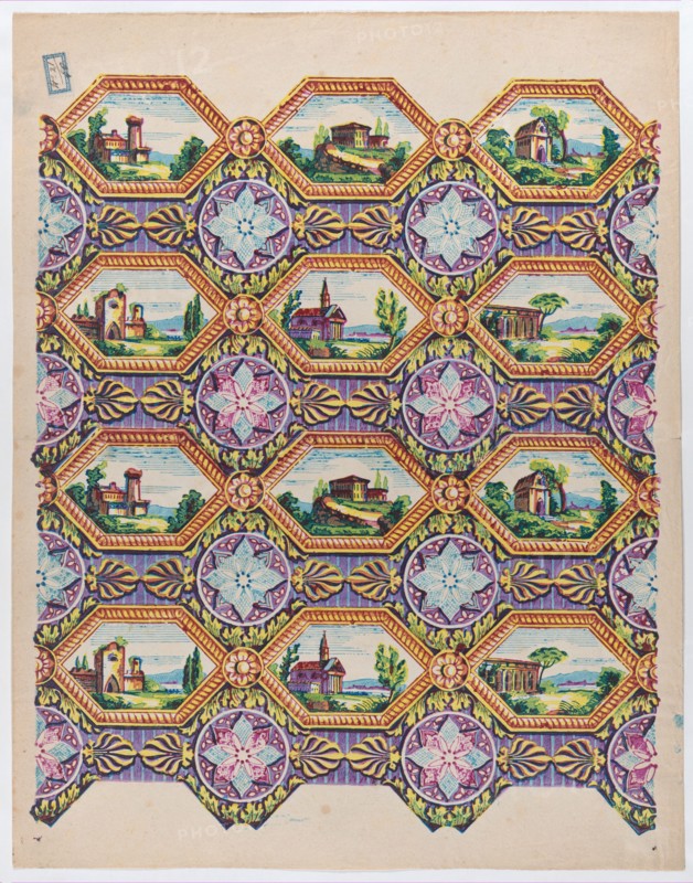 Sheet with pattern of brightly colored landscapes in hexagonal frames, late 18th-mid-19th century.