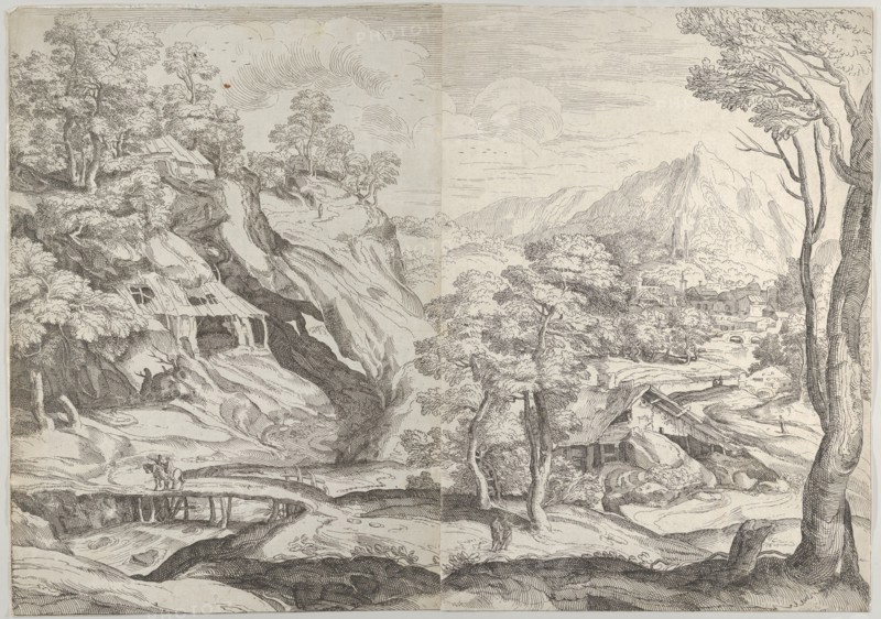 Landscape with a town in the background at the right, a winding road in the foreground, 1580-1600.