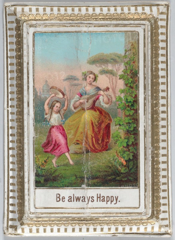Mechanical box-shaped greeting card: dancing and bucolic scene, Cupid brings bouquets., ca. 1875.