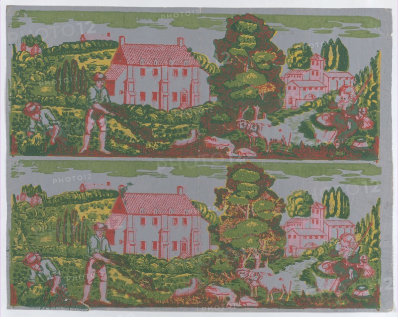 Sheet with two borders with pastoral landscapes on a gray background, late 18th-mid-19th century.
