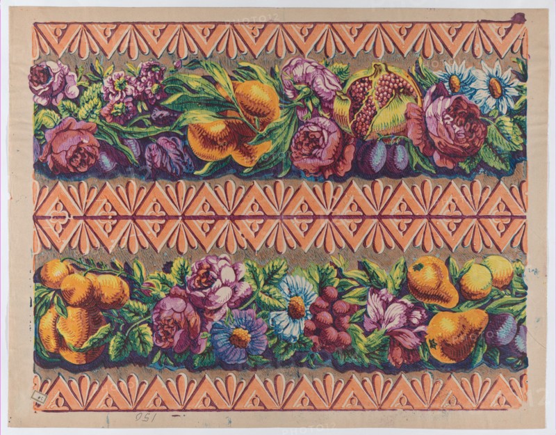 Sheet with a border with two garlands of fruit, leaves, and flowers, late 18th-mid-19th century.
