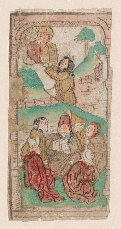 Moses Receiving the Law, illustration from a Biblia Pauperum blockbook, 4th edition, ca. 1465.