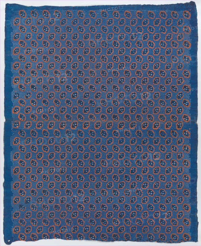 Blue sheet with two borders with a white floral and lace pattern, late 18th-mid-19th century.