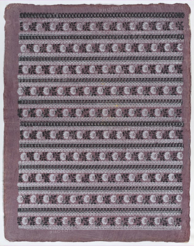 Sheet with ten borders with floral patterns on purple background, late 18th-mid-19th century.