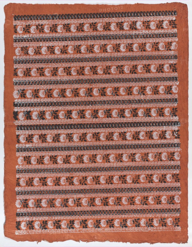 Sheet with ten borders with floral patterns on orange background, late 18th-mid-19th century.