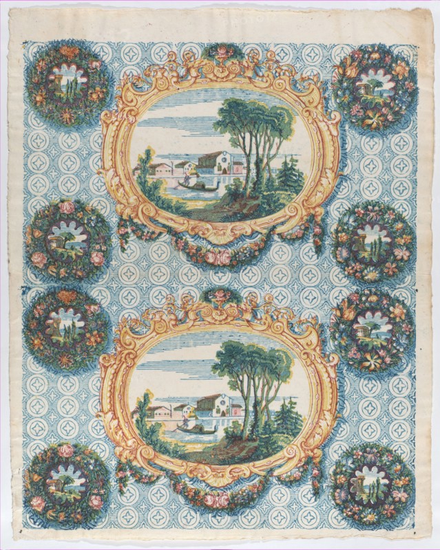 Sheet with two borders with landscapes within frames and wreaths, late 18th-mid-19th century.