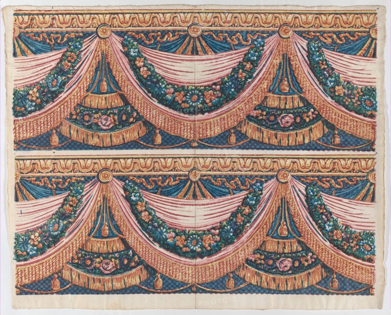 Sheet with two borders with draped curtains and floral garlands, late 18th-mid-19th century.