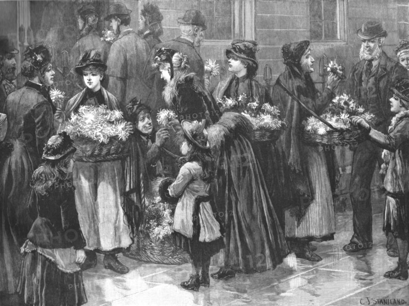 ''"For The Patients"; Flower-Girls outside the University Hospital on a visiting day', 1890.