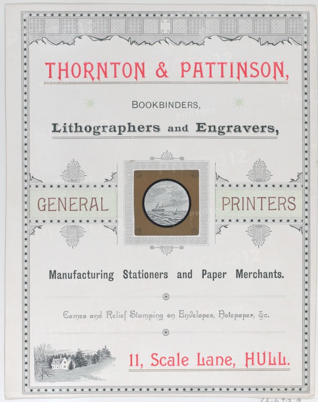Trade Card for Thorton & Pattinson, Bookbinders, Lithographers and Engravers, 19th century.
