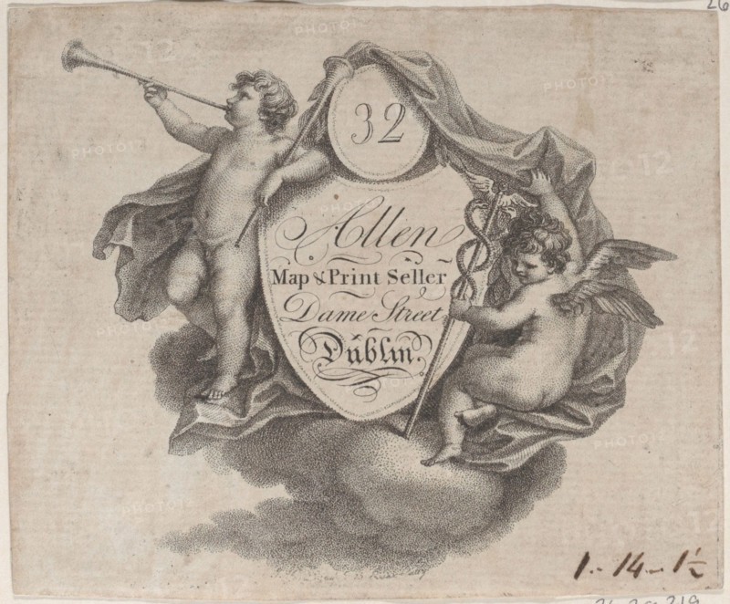 Trade card for William Allen, Map and Print Seller in Dublin, late 18th-early 19th century.