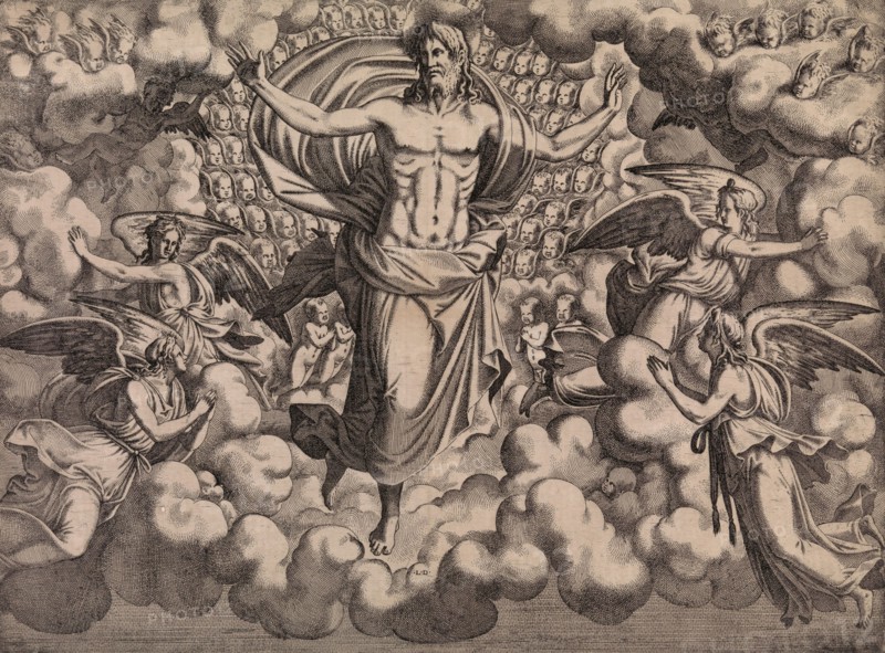 The Apostles Looking at Christ and the Virgin in a Glory of Angels (top right plate), 1546.