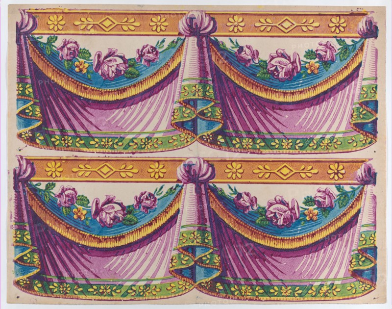 Sheet with two borders with purple drapery and floral designs, late 18th-mid-19th century.