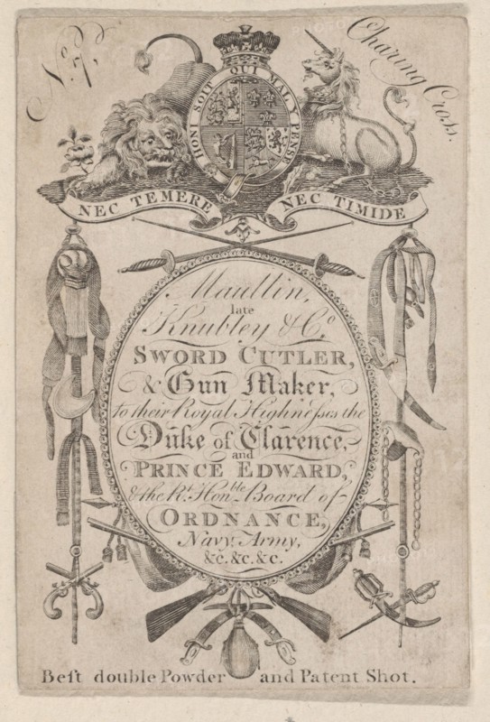 Trade Card Bearing the Name of the Late Gunmaker John Knubley (1750-1795), ca. 1795-1804.