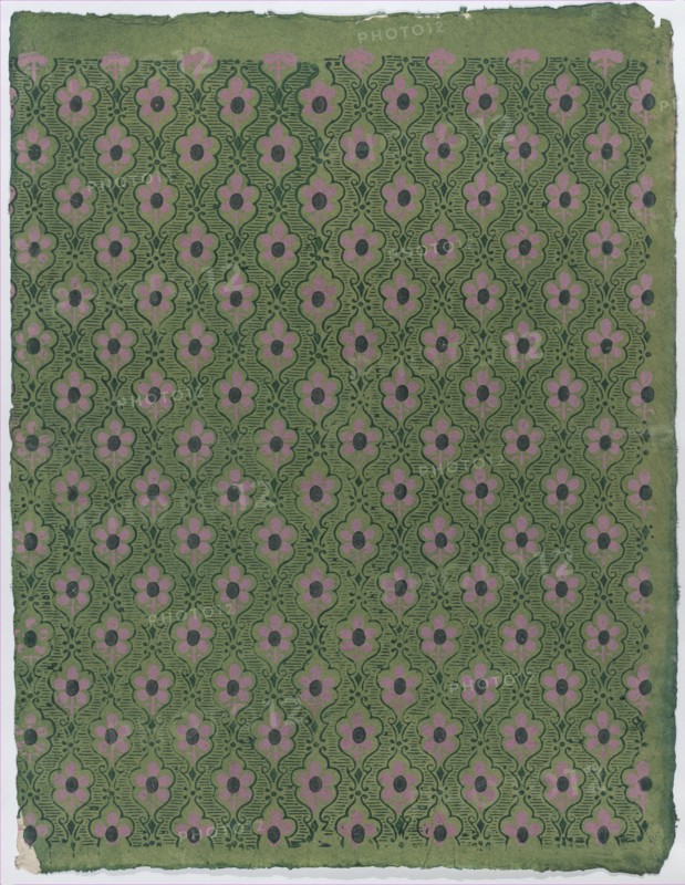 Sheet with overall pink floral pattern on green background, late 18th-mid-19th century.