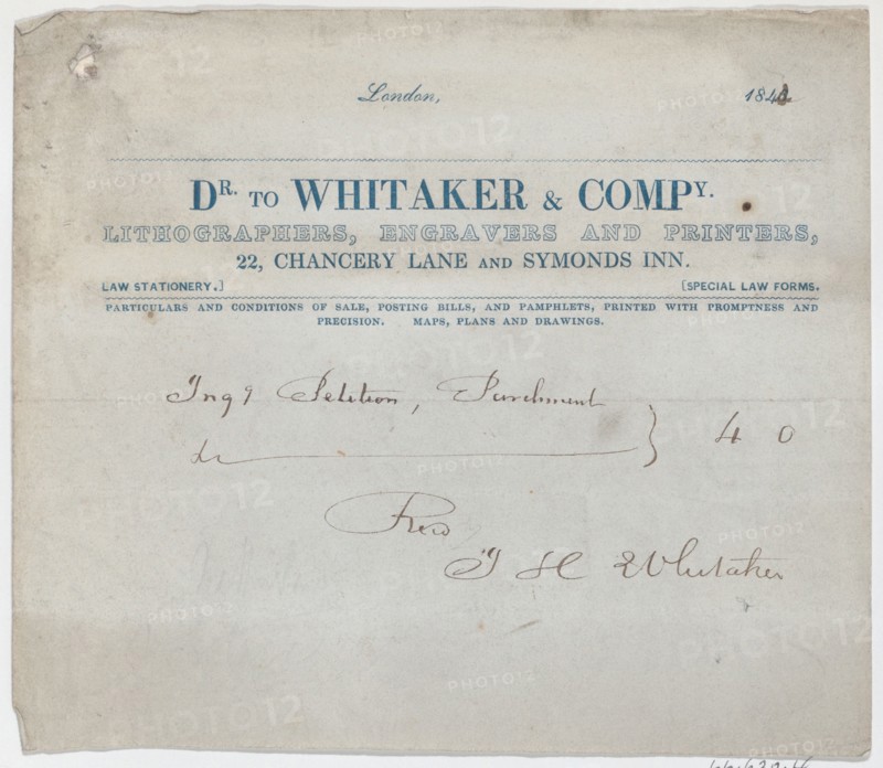 Trade Card for Dr. Whitaker & Co., Lithogravers, Engravers and Printers, 19th century.