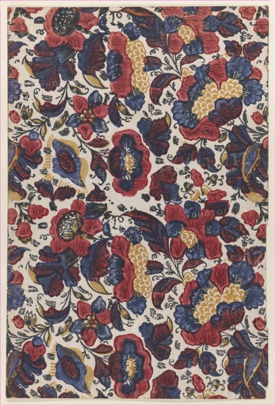 Paste end paper with overall pattern of red, blue, and yellow flowers, 19th century.