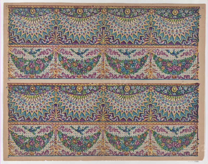 Sheet with five bouquets on a blue checkered background, late 18th-mid-19th century.