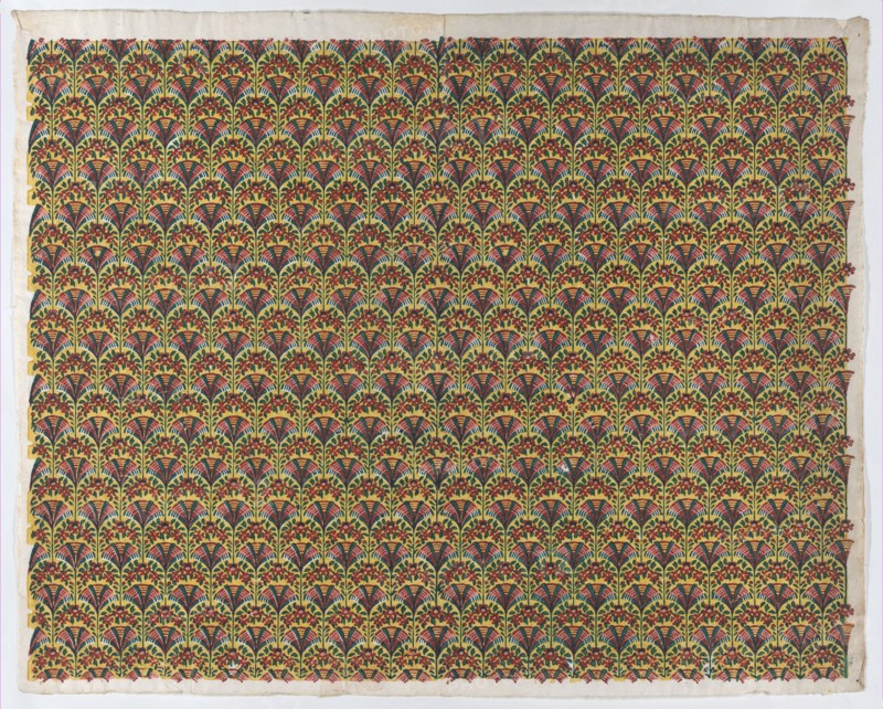 Sheet with overall fan design in yellow, green, and red, late 18th-mid-19th century.