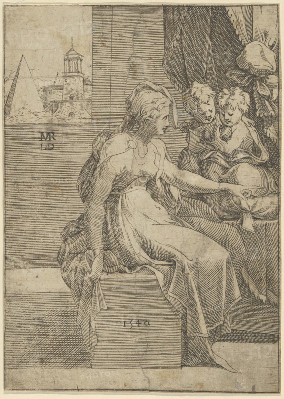 Seated woman with two children (Virgin with Christ and St John the Baptist?), 1540.