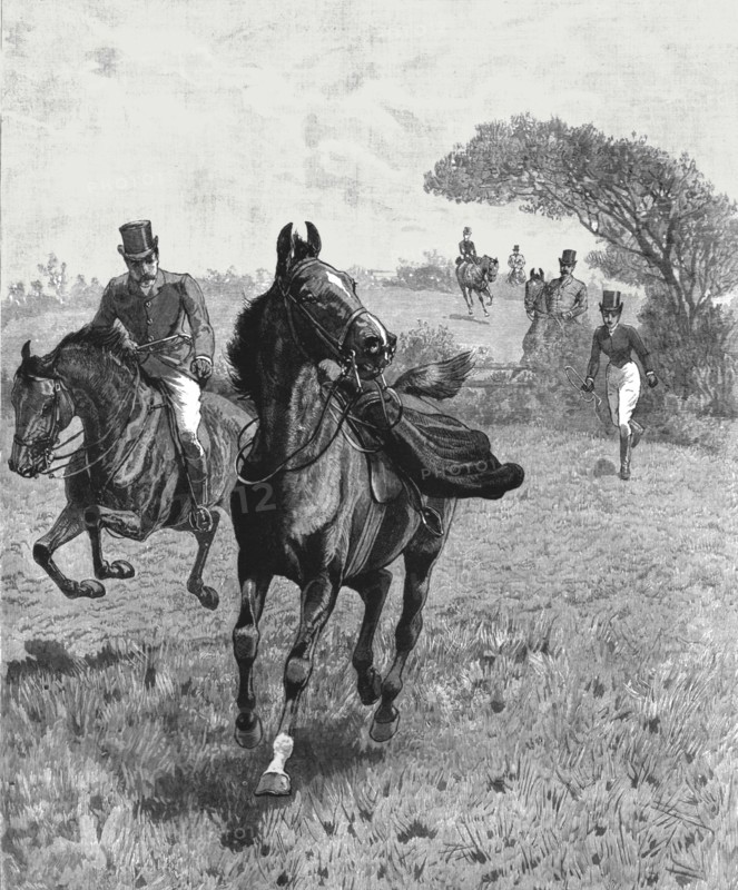 ''"Parted" or, The Lady and her skirt--A slight mishap in the Hunting Field', 1890.