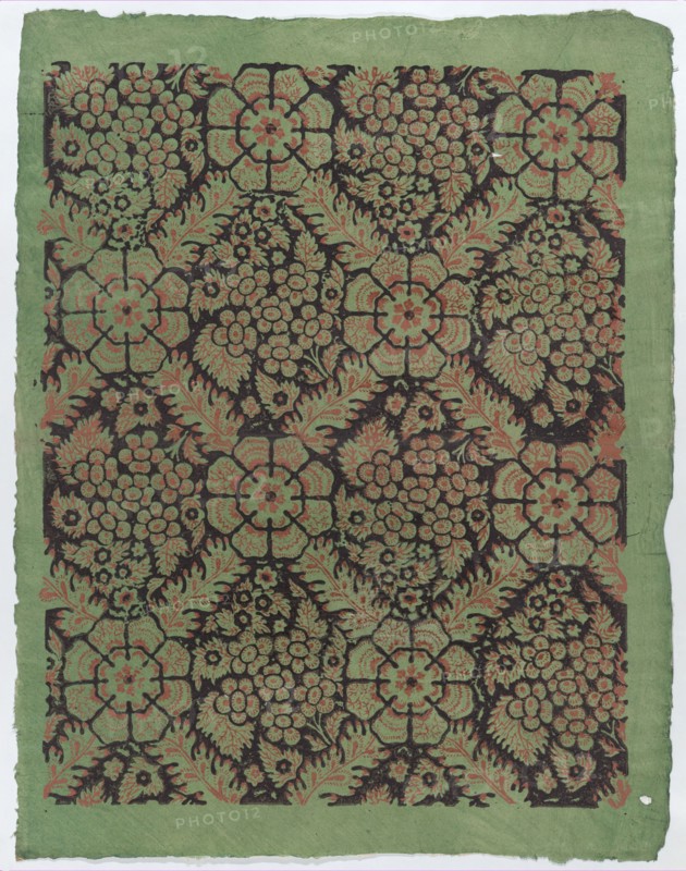 Sheet with overall floral pattern on green background, late 18th-mid-19th century.