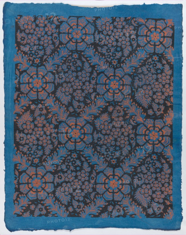 Sheet with overall floral pattern on blue background, late 18th-mid-19th century.