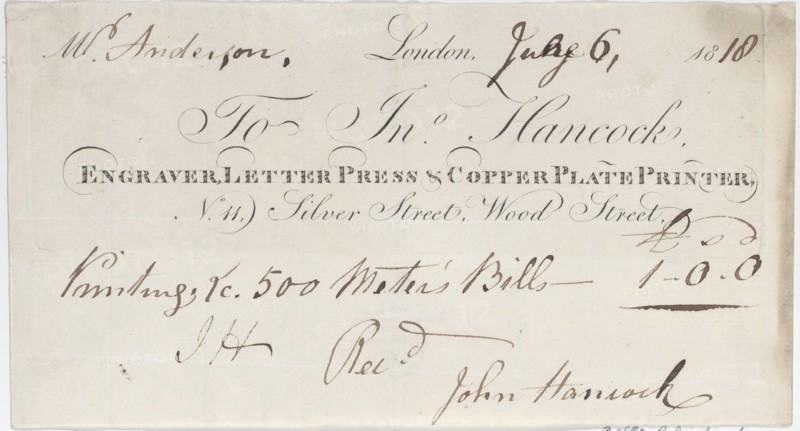 Trade Card for John Hancock, Engraver, Letter Press & Copper Plate Printer, 1818.