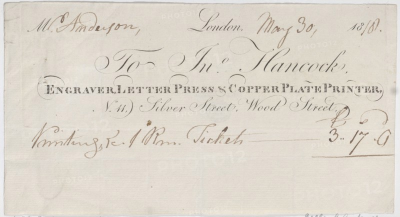 Trade Card for John Hancock, Engraver, Letter Press & Copper Plate Printer, 1818.